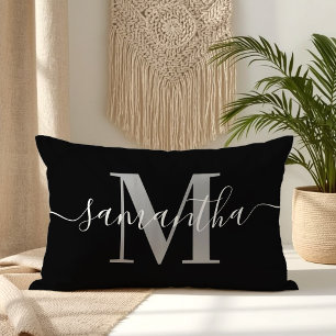 Cojín Lumbar Elegante firma gris monograma moderno negro