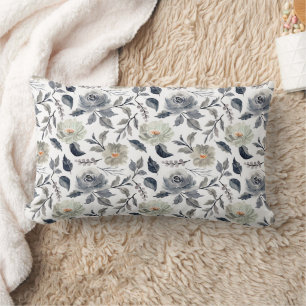 Cojín Lumbar Elegante Floral Botánico Acuarela Azul Gris Vintag