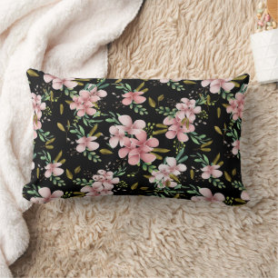 Cojín Lumbar Elegante Floral Botánico de Acuarela Rosa en Negro