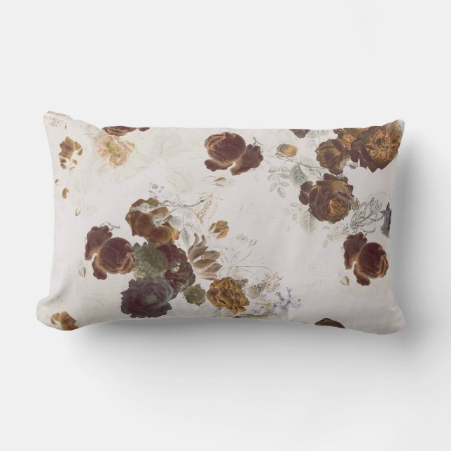 Cojín Lumbar Elegante Moda Rosas beiges marrones  Floral Toile (Anverso)