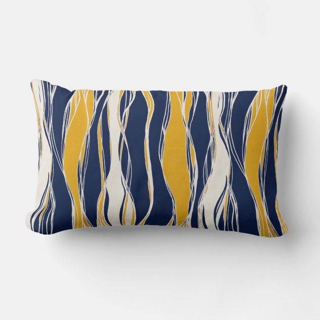 Cojín Lumbar Elegante, moderno, líneas, azul marino y amarillo (Anverso)