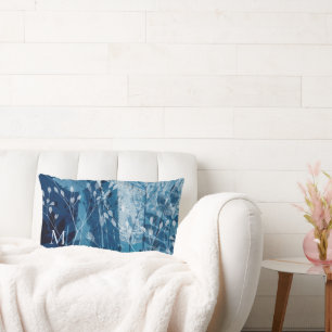 Cojín Lumbar Elegante Monograma Botánico Azul