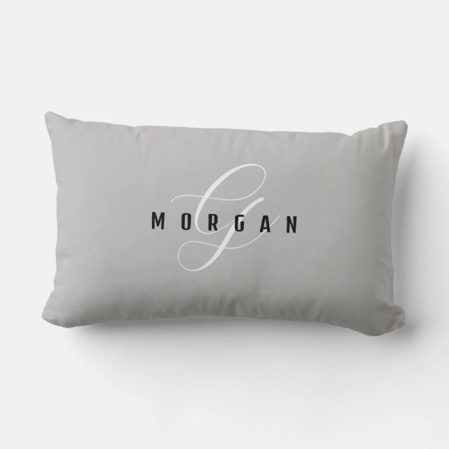 Cojín Lumbar Elegante Monograma De Guión Blanco Y Nombre Negro  (Reverso )