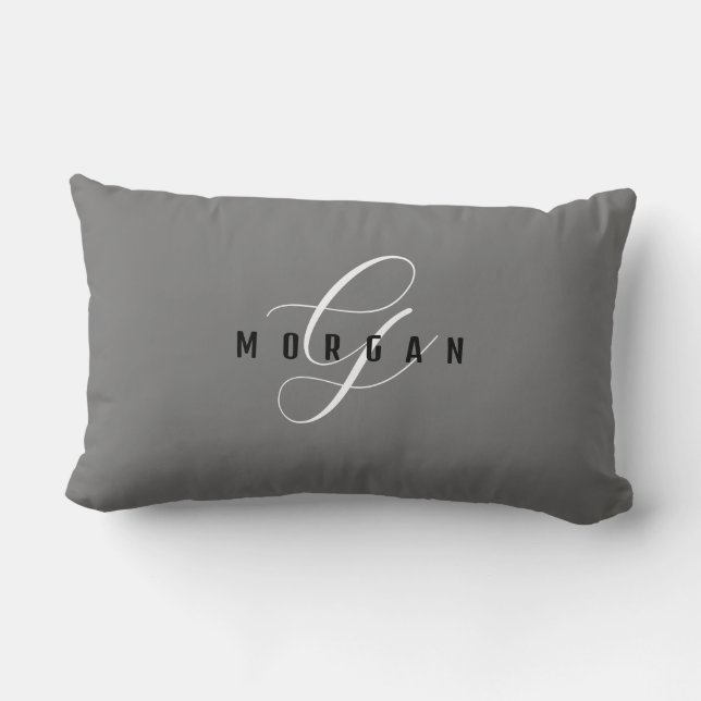 Cojín Lumbar Elegante Monograma de Guión Blanco y Nombre Negro, (Reverso )