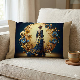 Cojín Lumbar Elegante mujer Art Deco en oro y azul