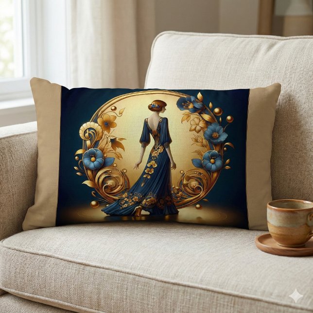 Cojín Lumbar Elegante mujer Art Deco en oro y azul (Elegant Art Deco Woman in Gold and Blue Lumbar Pillow Mockup A)