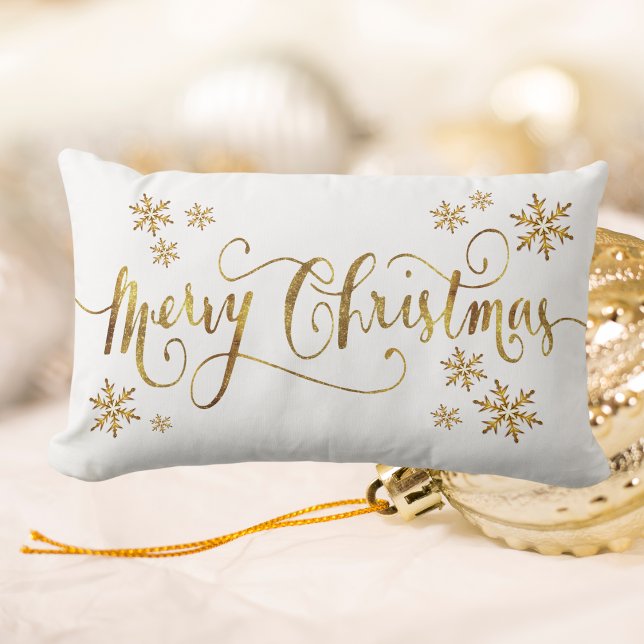 Cojín Lumbar Elegante Navidad dorada y mora blanca (Elegant Gold and White, Merry Christmas Lumbar Pillow)