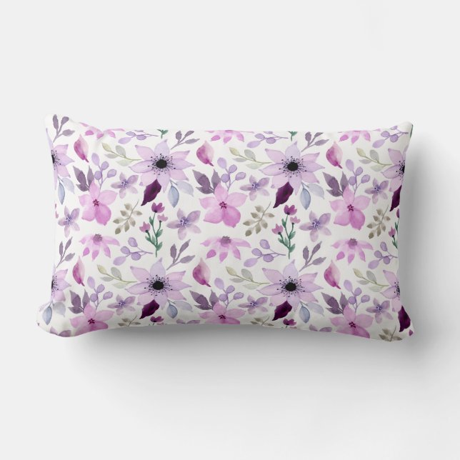 Cojín Lumbar Elegante patrón de flores rosadas y moradas (Anverso)