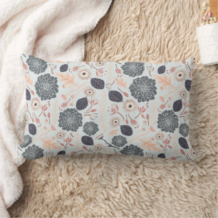 Cojín Lumbar Elegante Patrón Floral De Peach Azul Gris
