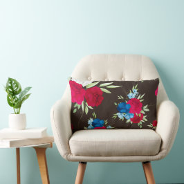 Cojín Lumbar Elegante patrón floral rojo azul sobre marrón oscu