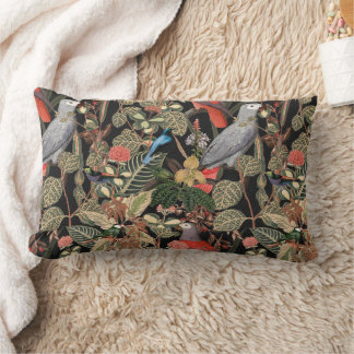 Cojín Lumbar Elegante vegetación con pájaros en negro
