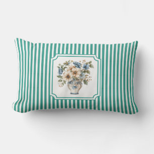 Cojín Lumbar Elegante Verde Turquesa Floral Vintage Raya
