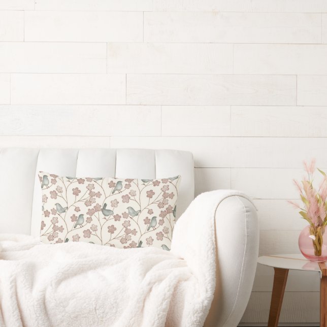 Cojín Lumbar Elegantes flores rosas y patrón de aves verdes (Sofá)