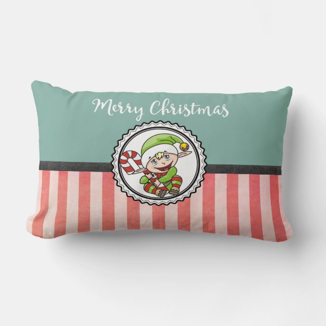 Cojín Lumbar Elf de Navidades con Candy Cane Feliz Navidad (Anverso)