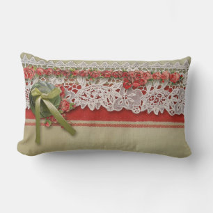 Cojín Lumbar Encaje de Rosa Antigua Arpillera Roja Victoriana R