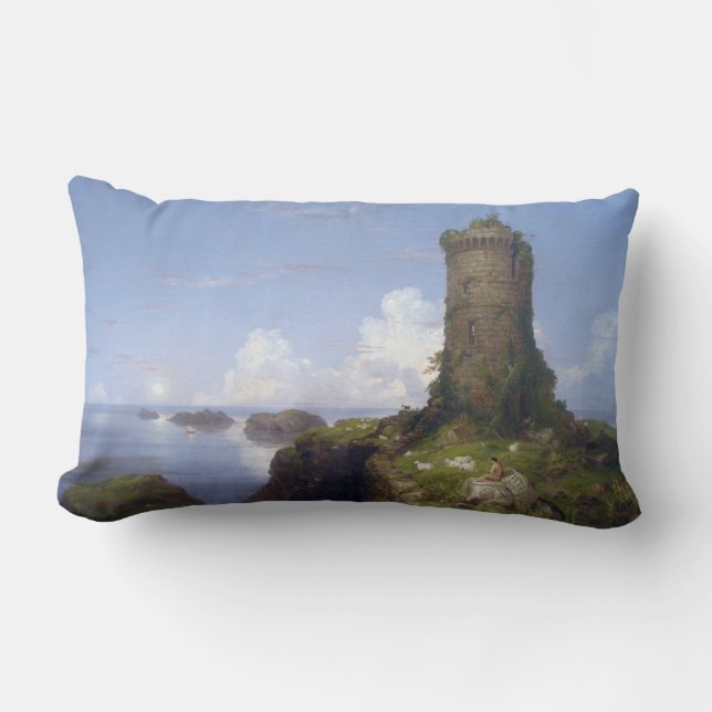 Cojín Lumbar Escena costera italiana con una torre en ruinas (Anverso)