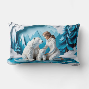 Cojín Lumbar Escena de arte de papel de invierno con mujer y os