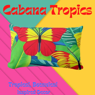 Cojín Lumbar Escena Tropical Mariposas Coloridas  
