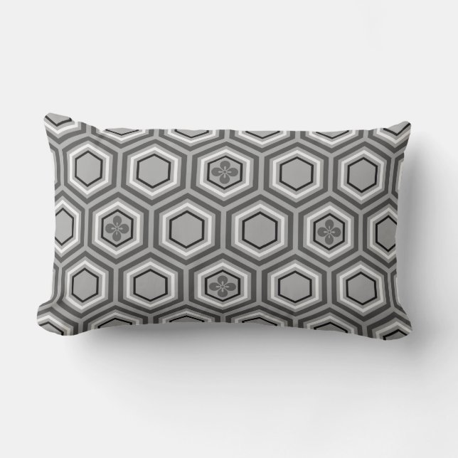 Cojín Lumbar Estampado de kimono hexagonal, gris y blanco (Anverso)