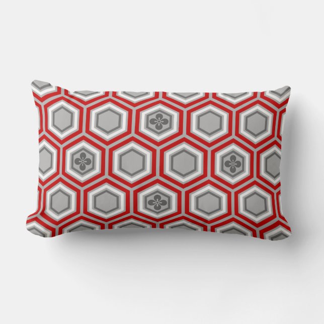 Cojín Lumbar Estampado de kimono hexagonal, rojo y gris (Anverso)