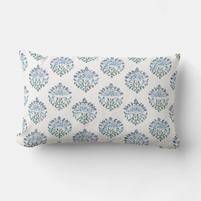 Cojín Lumbar Estampado de medallón de mano en azul y marfil (Anverso)