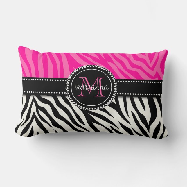Cojín Lumbar Estampado de zebra rosado negro femenino moderno (Anverso)