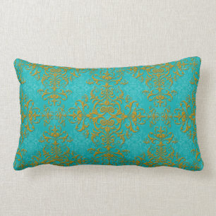 Cojín Lumbar Estilo vintage patrón de damasco turquesa oro