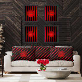 Cojín Lumbar Estiloso Diagonal Black Stripes Red Monograma Nomb