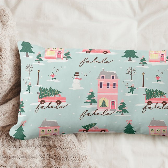 Cojín Lumbar Fa La Home For Holidays Town & Pink Retro Van (Fa La Home For The Holidays Town & Pink Retro Van Lumbar Pillow)