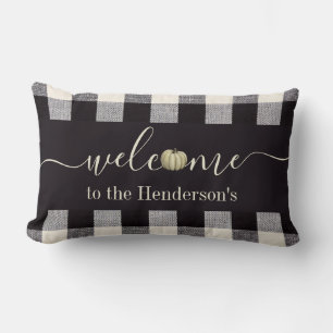 Cojín Lumbar Fall Farmhouse Gingham Pumpkin Bienvenida