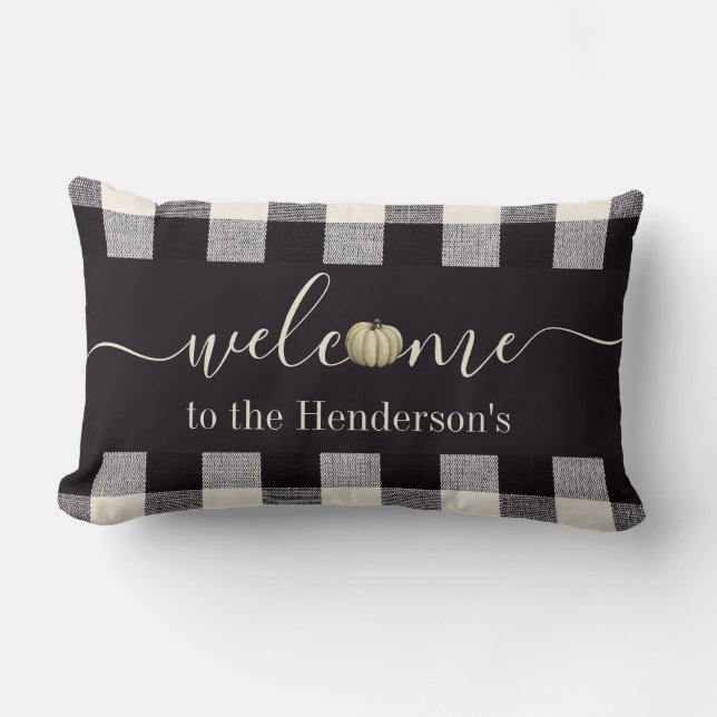 Cojín Lumbar Fall Farmhouse Gingham Pumpkin Bienvenida (Anverso)
