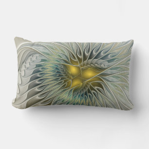 Cojín Lumbar Fantasía de flor de plata dorada arte fractal abst