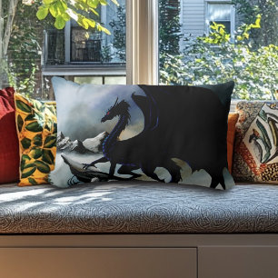 Cojín Lumbar Fantasía del Dragón Negro Montañas Azules