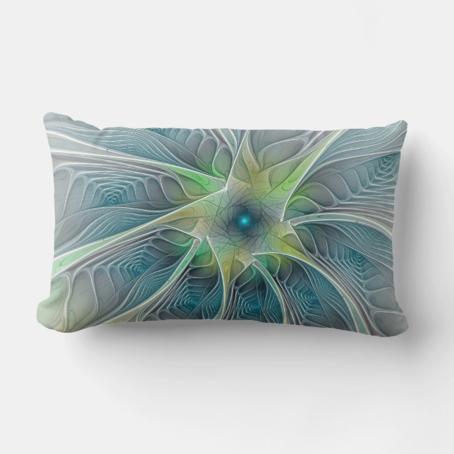 Cojín Lumbar Fantasía Flor Fractal Verde Azul (Anverso)
