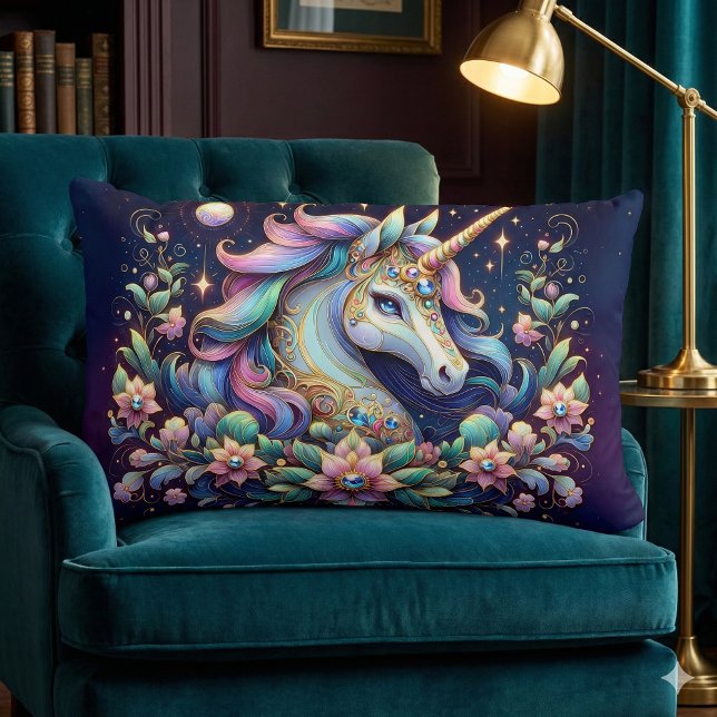 Cojín Lumbar Fantasia Floral de Unicornio de Tonos Preciosos (Jewel Toned Unicorn Floral Fantasy Lumbar Pillow Mockup A)