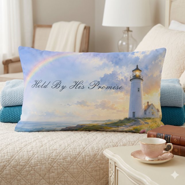 Cojín Lumbar Faro Arcoíris Acuarela Costera (Rainbow Lighthouse Coastal Watercolor Lumbar Pillow)