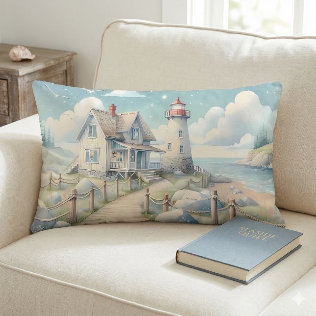 Cojín Lumbar Faro Pastel Soñador junto al Mar (Dreamy Pastel Lighthouse by the Sea Lumbar Pillow On Sofa)