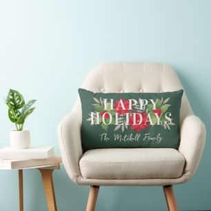 Cojín Lumbar Felices Fiestas Flor de Nochebuena Acebo Verde Nav