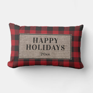 Cojín Lumbar Felices Fiestas Rustico Rojo Plaid de Arpillera