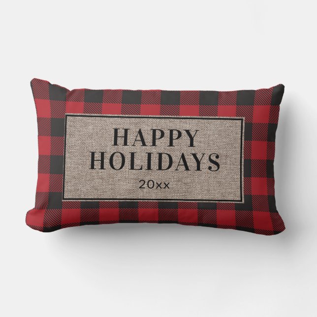 Cojín Lumbar Felices Fiestas Rustico Rojo Plaid de Arpillera (Anverso)