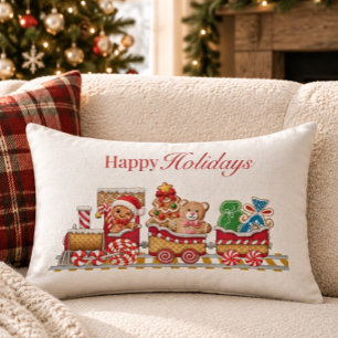 Cojín Lumbar Felices Fiestas Tren de Pan de Jengibre de Navidad