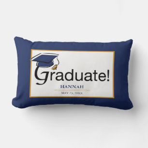 Cojín Lumbar Felicitaciones Graduado, Gorra, Tassel, Azul, Oro