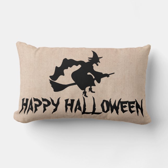 Cojín Lumbar Feliz Bruja de Halloween con su Broom Burlap Th (Anverso)