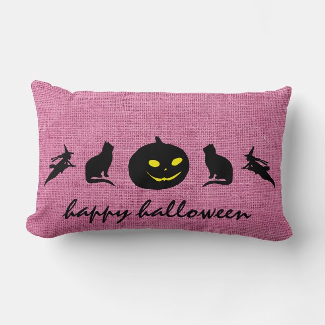 Cojín Lumbar Feliz Burlap de Halloween (Anverso)