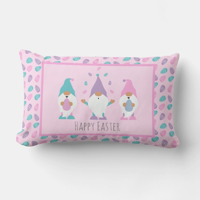 Cojín Lumbar Feliz Gnome de Pascua jadeando huevos de Pascua (Anverso)