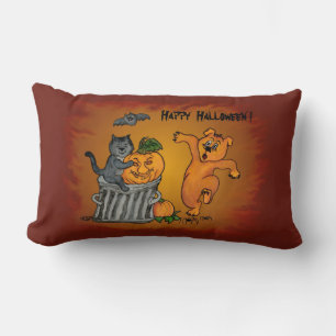 Cojín Lumbar Feliz Halloween con gato murciélago perro y araña