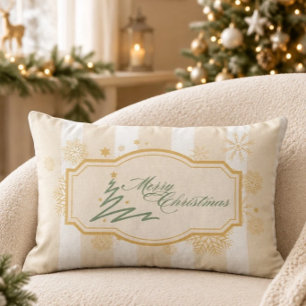 Cojín Lumbar Feliz Navidad Contemporáneo en Oro y Blanco 