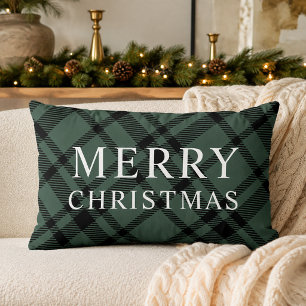 Cojín Lumbar Feliz Navidad Plaid Verde Cazador Negro