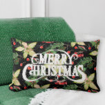 Cojín Lumbar Feliz Navidad Poinsettias<br><div class="desc">Feliz Navidad con un fondo de poinsettias blancas,  hojas y bayas en negro aparecen en esta almohada festiva disponible en varios tamaños y estilos. COINCIDIENDO elementos de nuestra colección.</div>