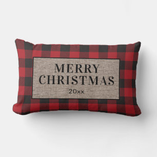 Cojín Lumbar Feliz Navidad Rústico Búfalo Rojo Plaid Burlap